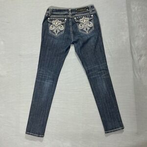 LA Idol USA Dark Wash Rhinestone‎ Fleur De Lis Embroidered Skinny Jeans Size 11